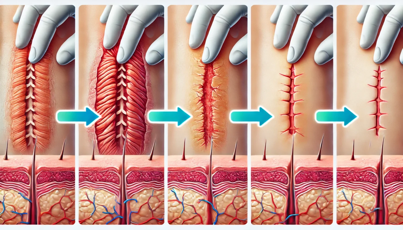 Healing Progression of a Surgical Scar ALT Text: A medical illustration showing the progression of a surgical scar healing over time, transitioning from an initial red and inflamed state to a smooth, faded scar with fully regenerated skin.