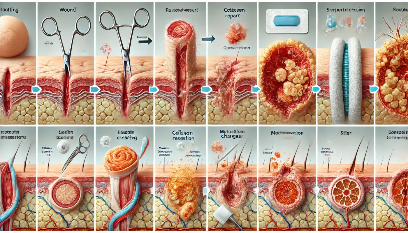 Healing Stages of a Surgical Incision ALT Text: A medical illustration depicting the stages of surgical incision recovery, showing the transition from an open wound to a fully healed, closed scar with smooth skin regeneration.