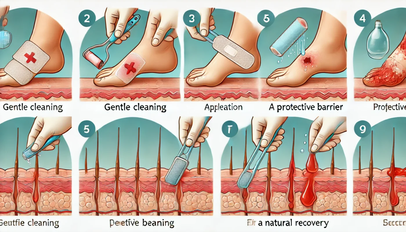 Step-by-Step Abrasion Wound Care
ALT Text: A step-by-step depiction of proper wound care for an abrasion, illustrating gentle cleaning, application of a protective barrier, and the skin's natural recovery over time.