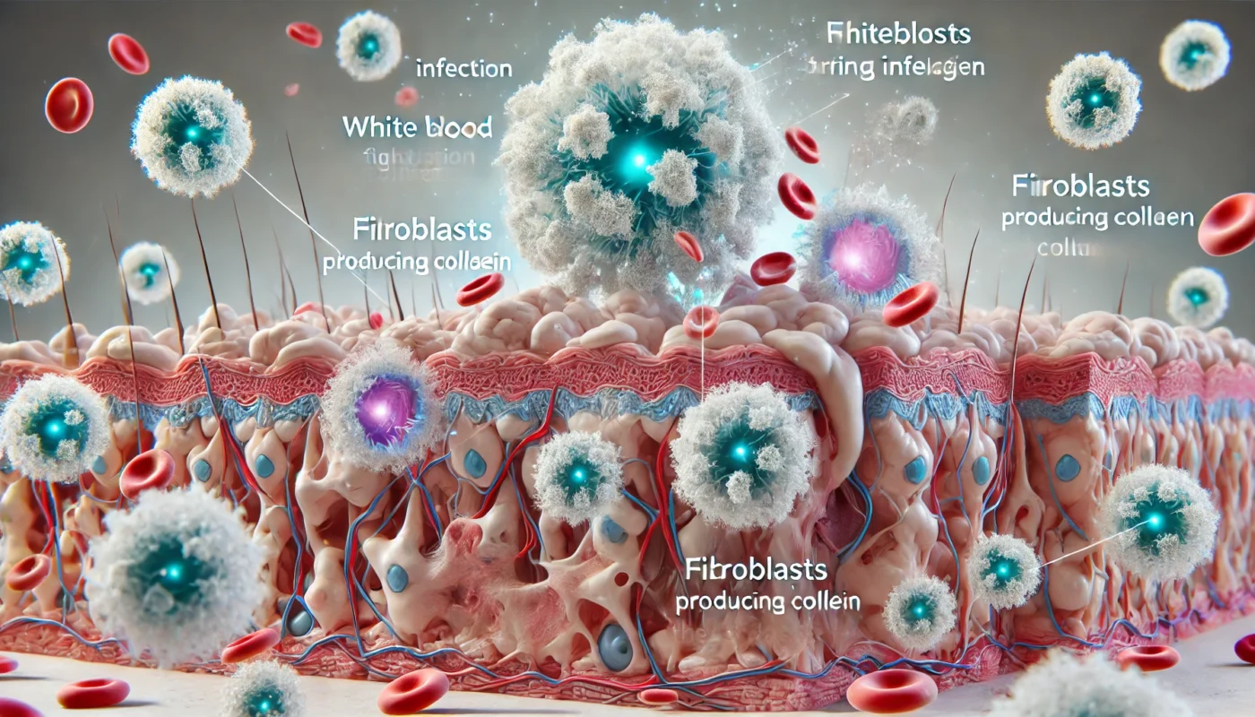 Cellular Activity in Abrasion Healing
ALT Text: A conceptual visualization of the cellular activity involved in abrasion wound healing, showing white blood cells fighting infection, fibroblasts producing collagen, and new skin cells regenerating the damaged area.