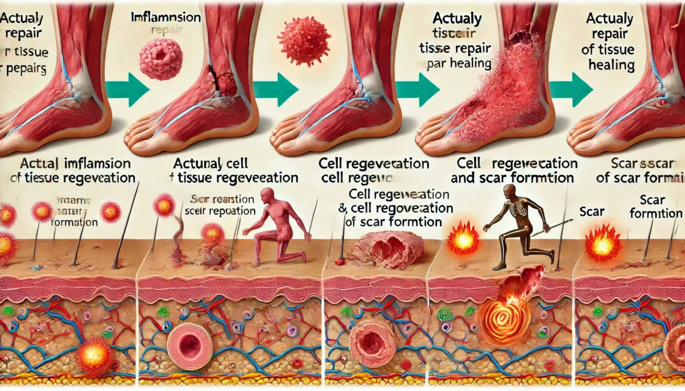 Step-by-Step View of the Tissue Repair Process
ALT Text: A step-by-step depiction of the actual tissue repair process, illustrating inflammation, cell regeneration, and scar formation, counteracting the myth of overnight healing.