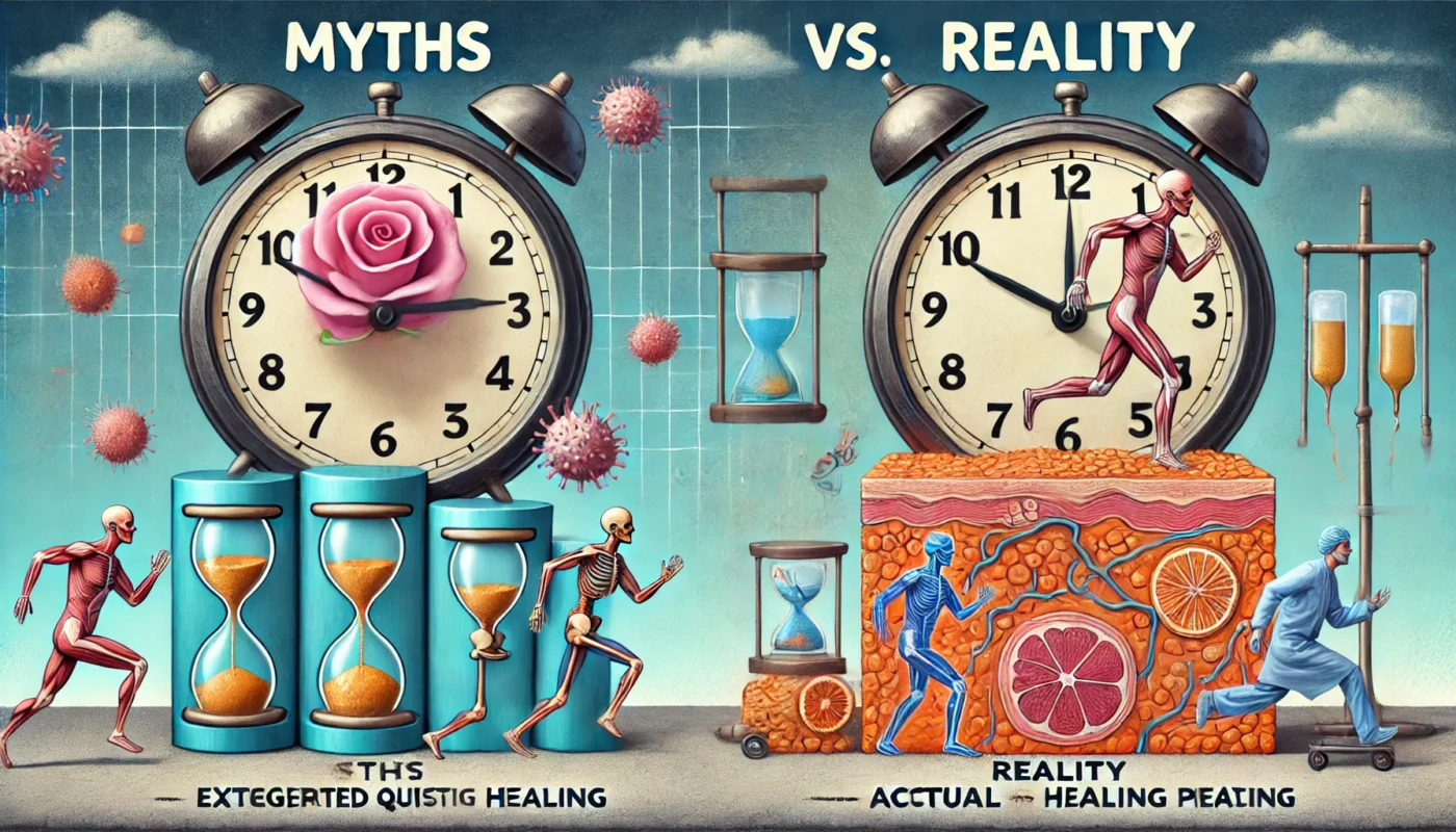 Comparing Myths vs. Reality in Tissue Healing ALT Text: A conceptual illustration comparing myths versus reality in tissue healing times, showing a side-by-side representation of exaggerated quick healing versus the actual gradual healing process.