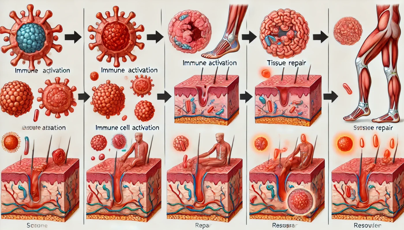 Stages of Inflammation and Healing
ALT Text: A step-by-step depiction of the stages of inflammation, illustrating the sequence of immune cell activation, tissue repair, and resolution of swelling and redness.