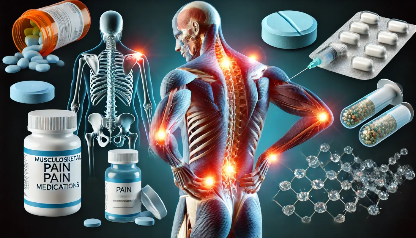 A human muscular system with highlighted pain areas in the back, shoulders, and joints. Surrounding the figure are floating representations of pain relief options, including pills, injections, and topical creams.