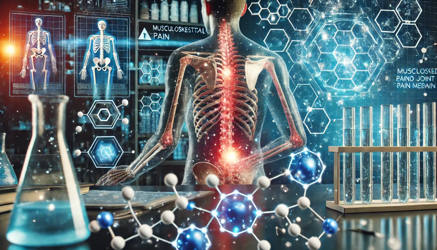 A high-tech laboratory setting featuring glowing molecular structures representing pain relief drugs. A scientist in the background analyzes digital data related to muscle and joint pain treatments.