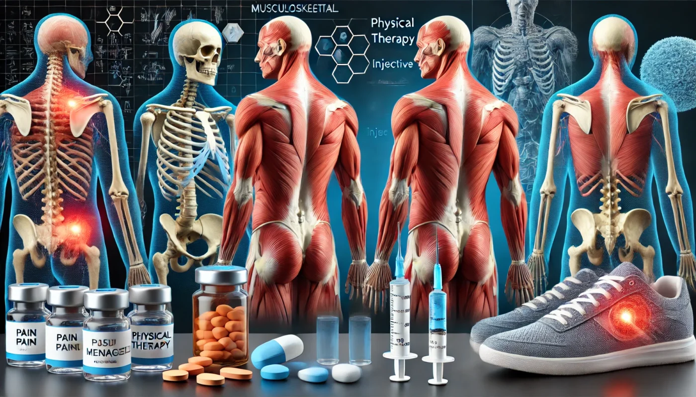  A side-by-side view of different pain management techniques, including oral medications, physical therapy, and injectable treatments. The background features an anatomical model highlighting muscles and joints affected by pain.