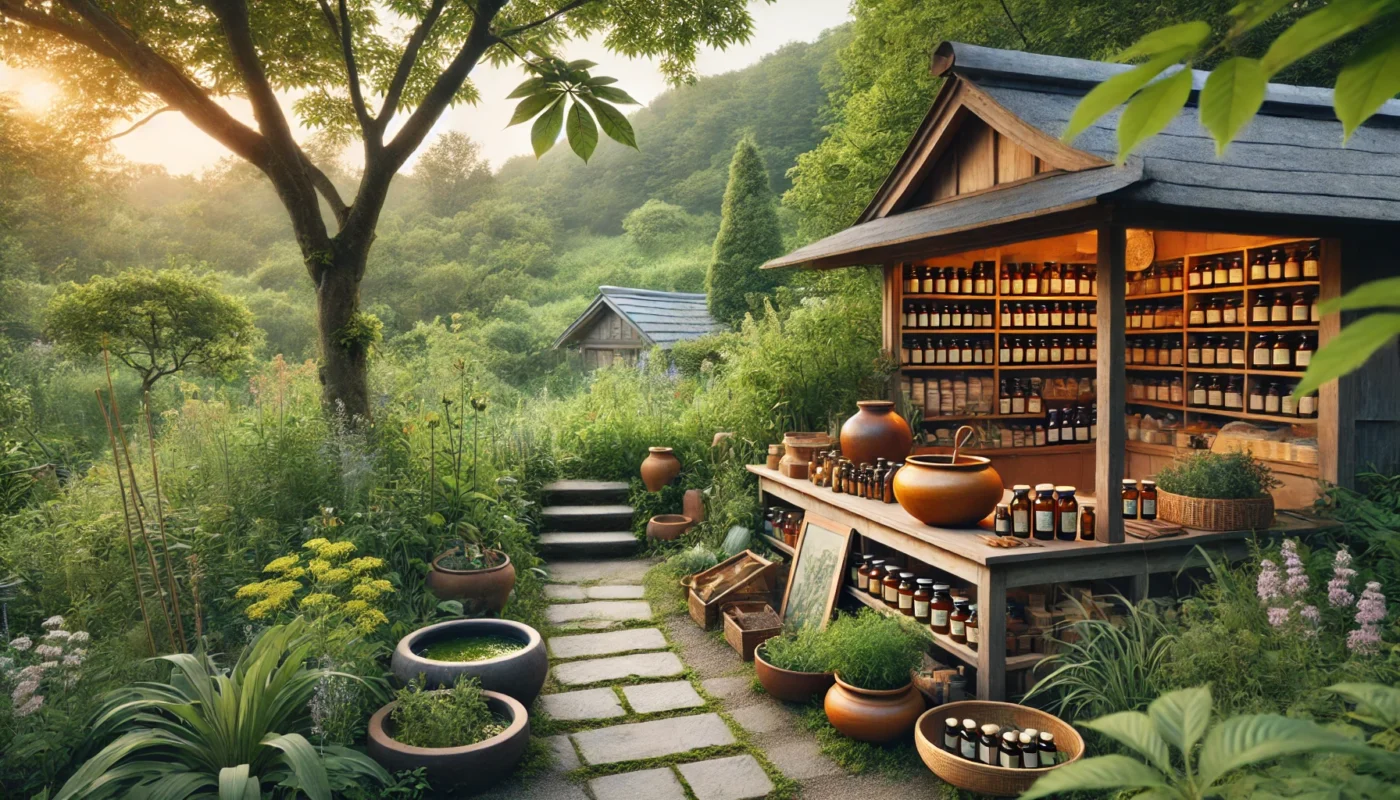 A serene countryside herbal medicine shop surrounded by lush greenery, displaying natural remedies in glass jars and wooden bowls.