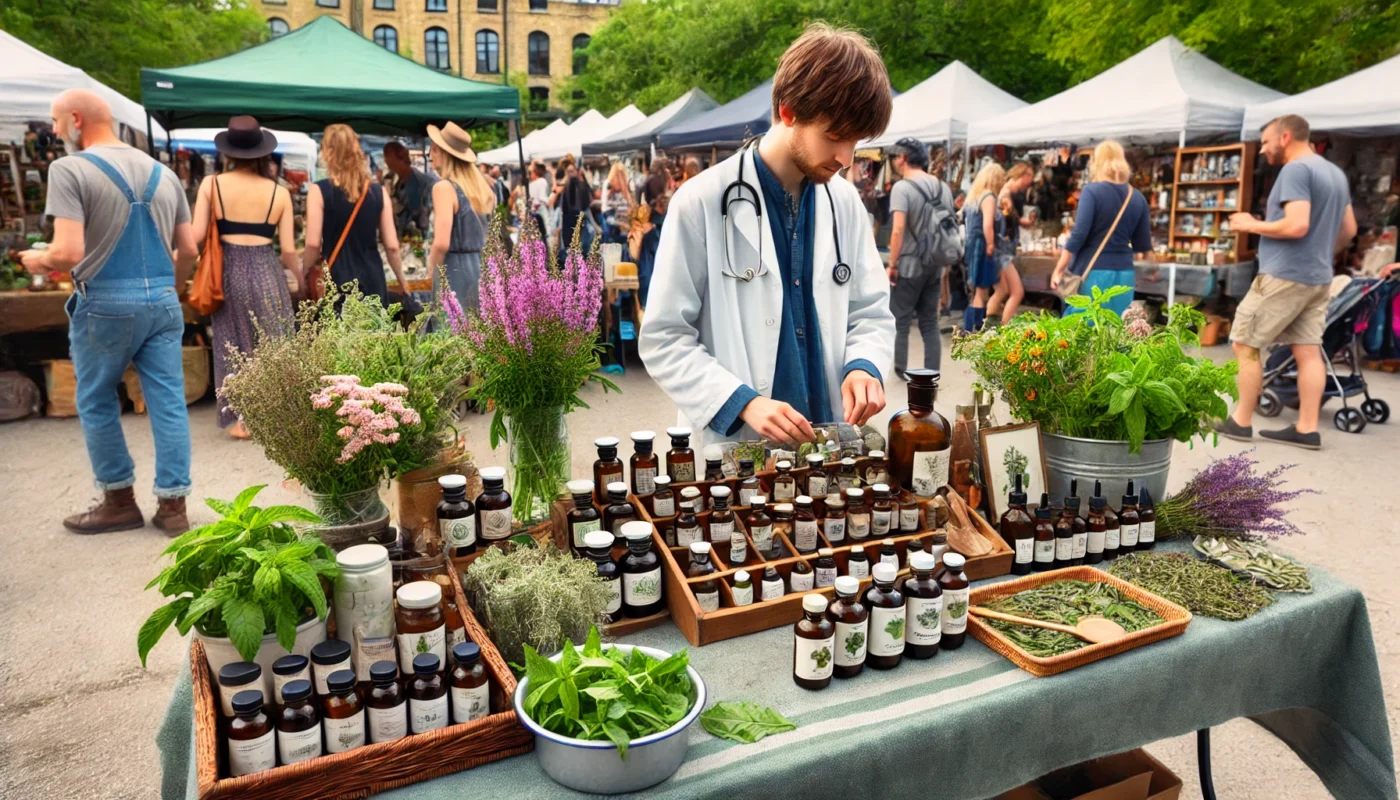 A lively outdoor farmer’s market featuring a herbal medicine stall where a practitioner showcases fresh medicinal herbs and tinctures.