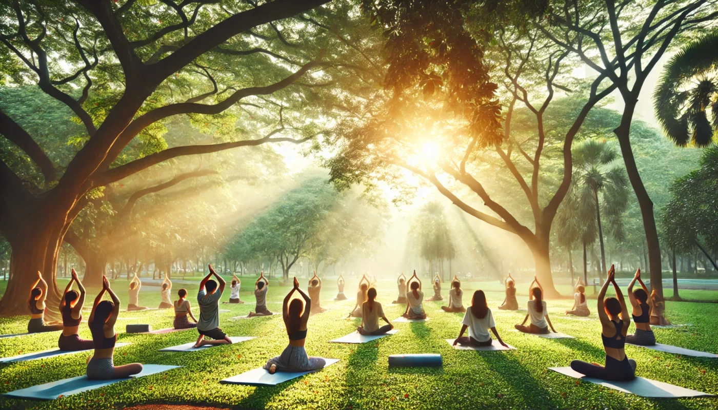 A diverse group of people practicing yoga in a lush green park at sunrise, with soft sunlight filtering through the trees, enhancing the serene and mindful atmosphere.