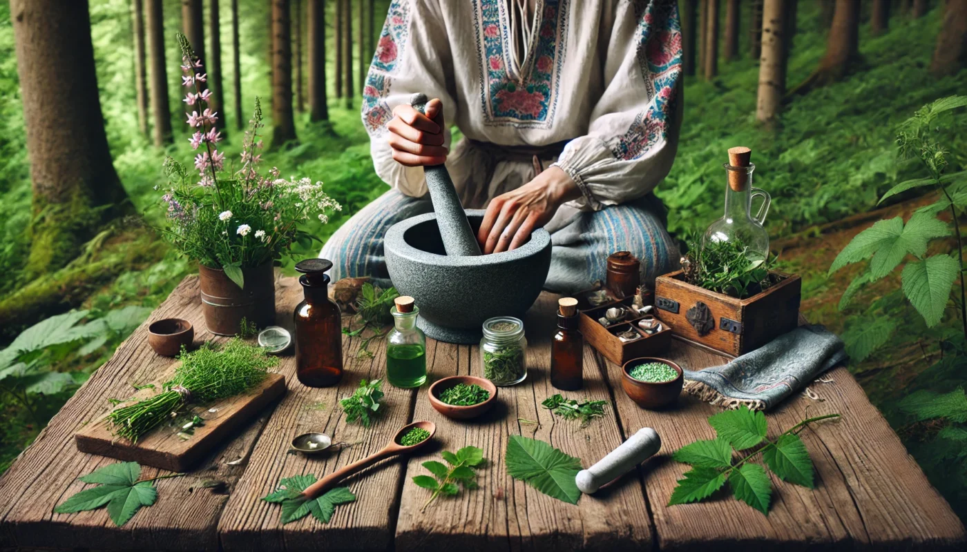 A rustic outdoor scene with a traditional herbalist preparing natural remedies using fresh herbs, a mortar and pestle, and essential oils, surrounded by healing plants.