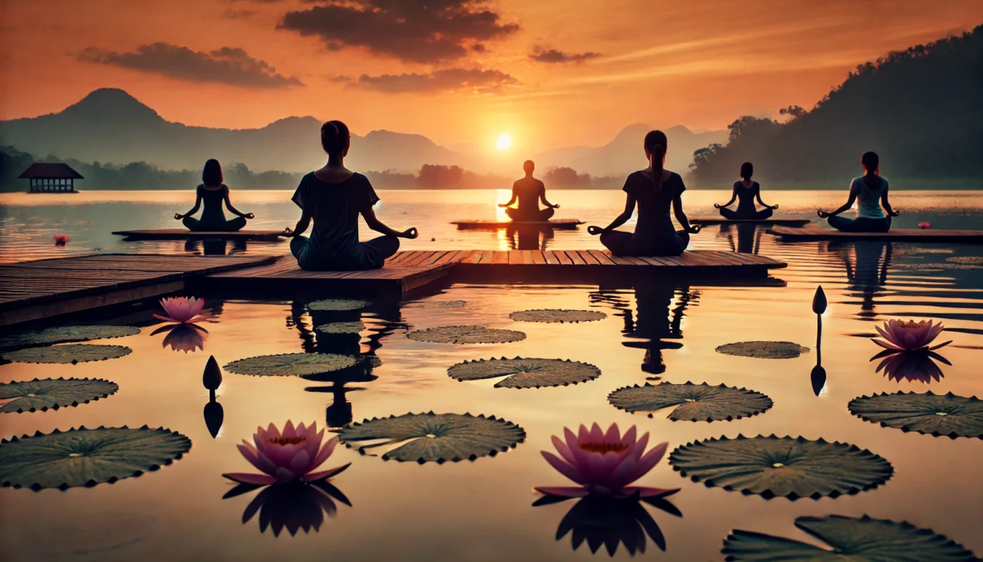 A peaceful lakeside meditation session with individuals sitting cross-legged on a wooden deck, surrounded by floating lotus flowers and gentle water ripples, under a warm, glowing sunset.