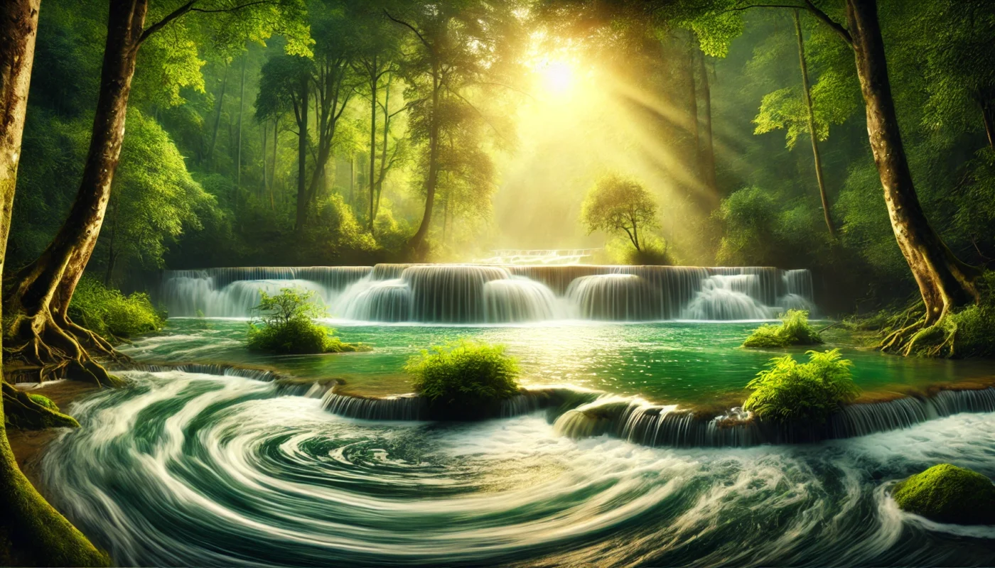 A serene natural landscape featuring a flowing waterfall surrounded by lush green forests, bathed in warm golden sunlight. The peaceful atmosphere symbolizes the healing power of nature.