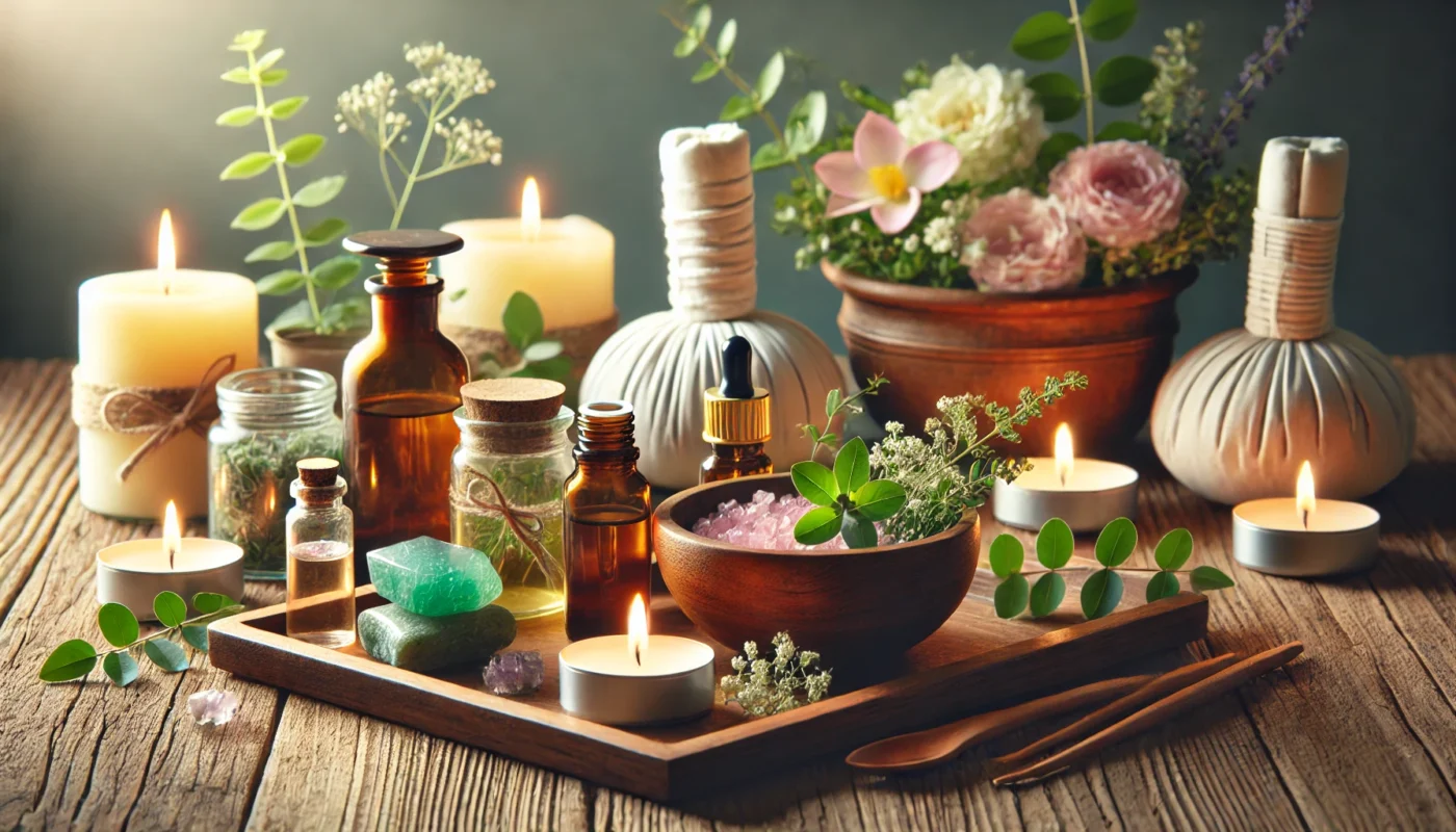 A tranquil spa-like setting with herbal treatments, essential oils, and healing crystals arranged on a wooden tray. Soft candlelight and fresh flowers enhance the soothing, holistic wellness ambiance