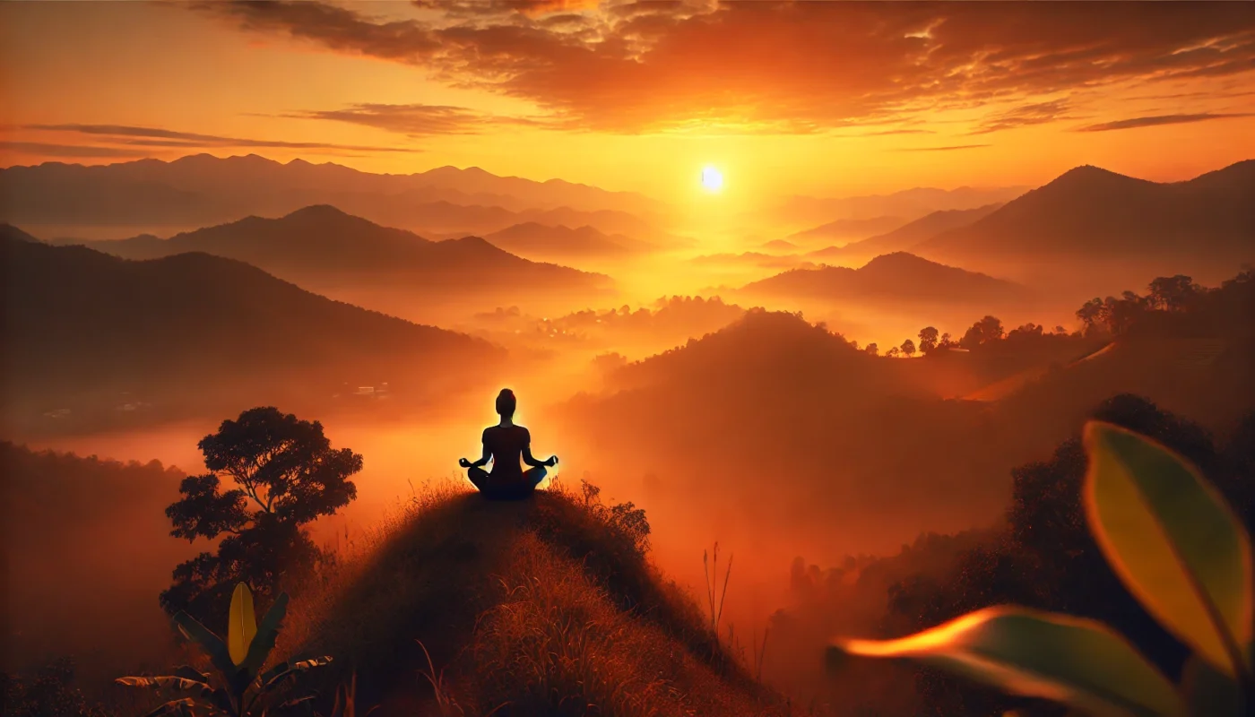 A peaceful meditation scene with a person practicing yoga on a hilltop at sunrise, overlooking a breathtaking valley. The warm hues of dawn blend harmoniously with the misty landscape, evoking mindfulness and inner peace