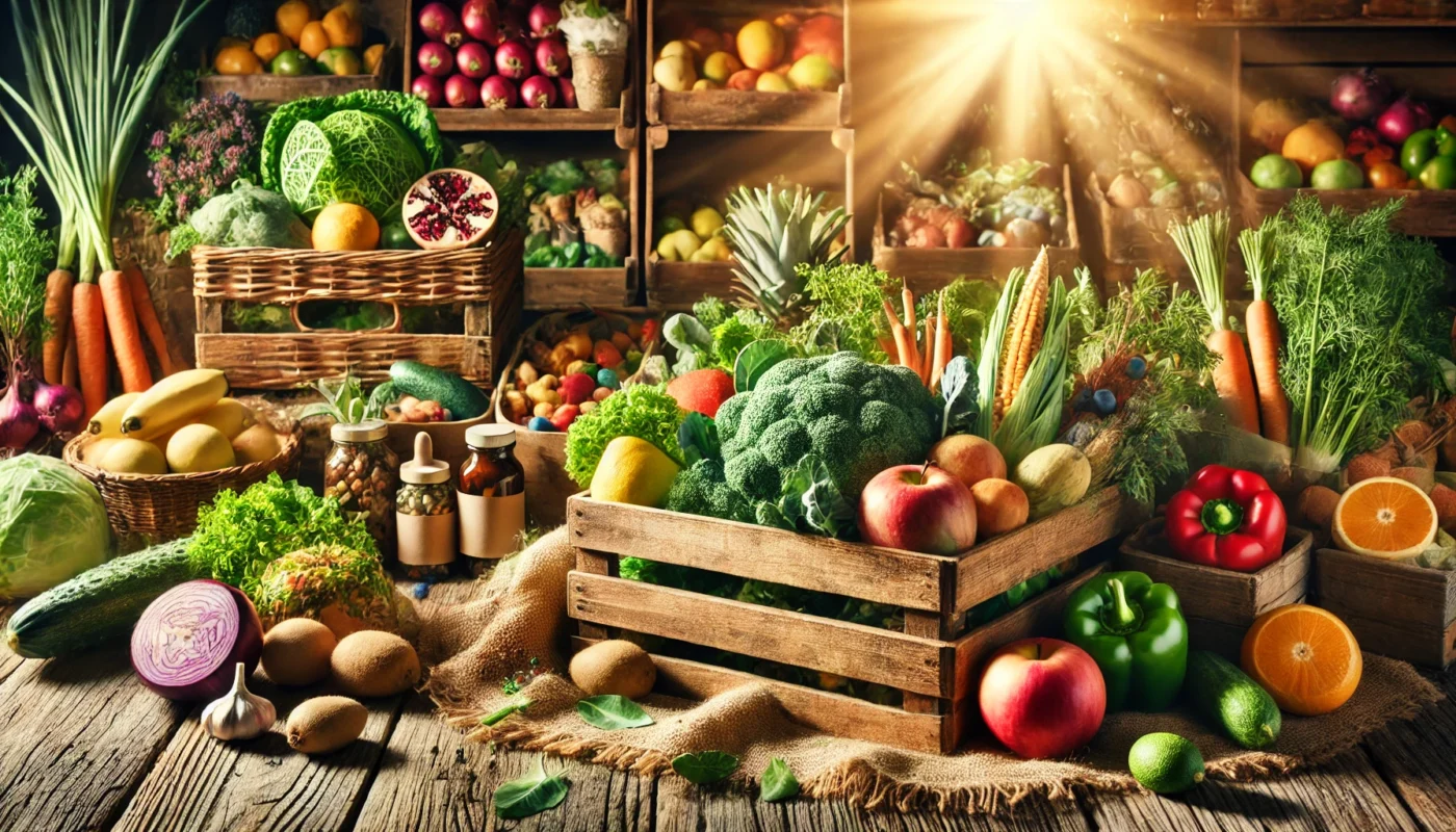 A vibrant farmers' market featuring fresh organic fruits, vegetables, and natural remedies displayed in rustic wooden crates. Sunlight filters through, highlighting the locally sourced, wholesome ingredients that promote holistic nutrition and well-being.