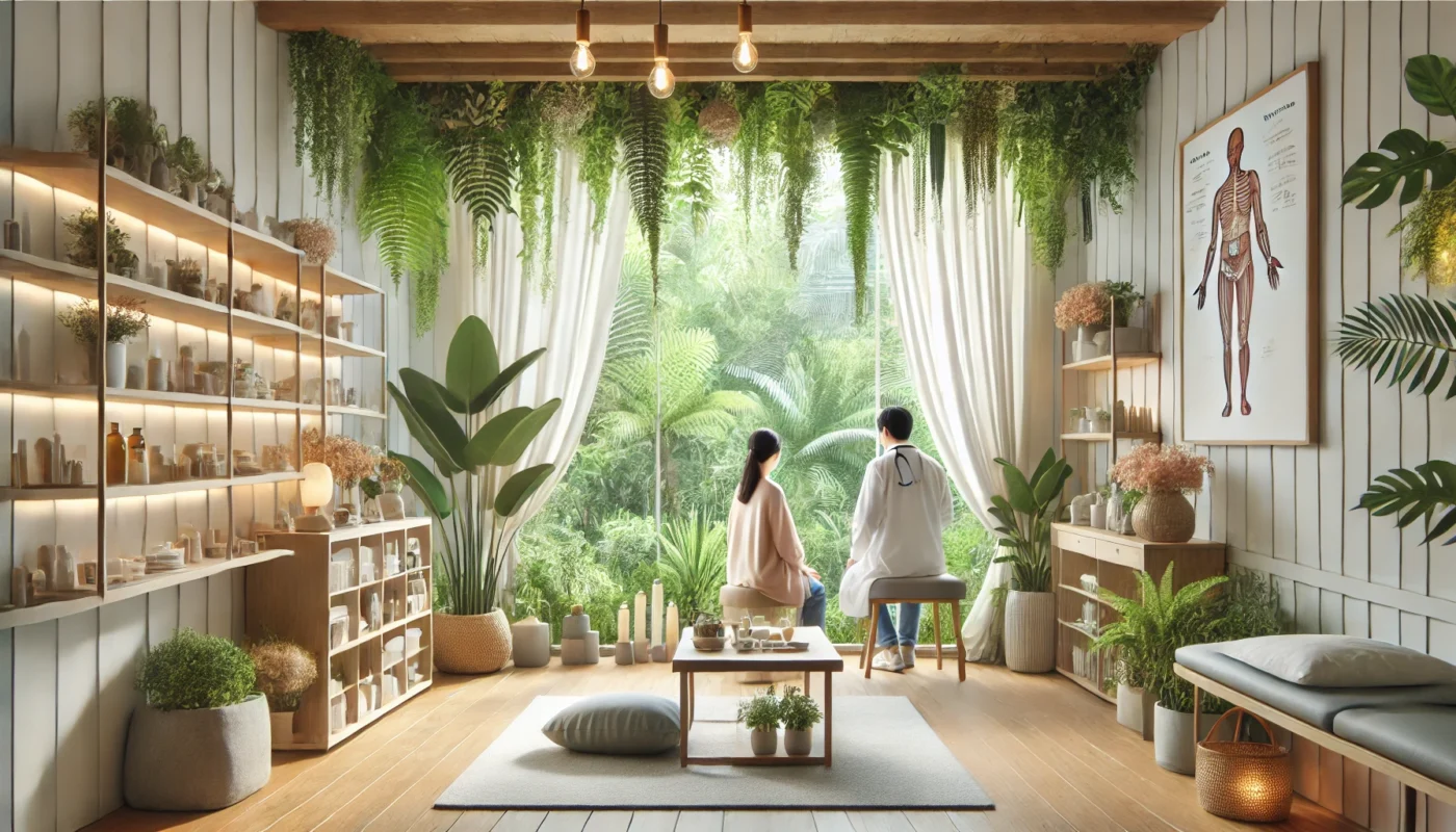 A serene wellness clinic surrounded by lush greenery, featuring a peaceful ambiance with soft natural lighting. Inside, a doctor is consulting a patient in a cozy, holistic setting with plants, essential oils, and a calming atmosphere.