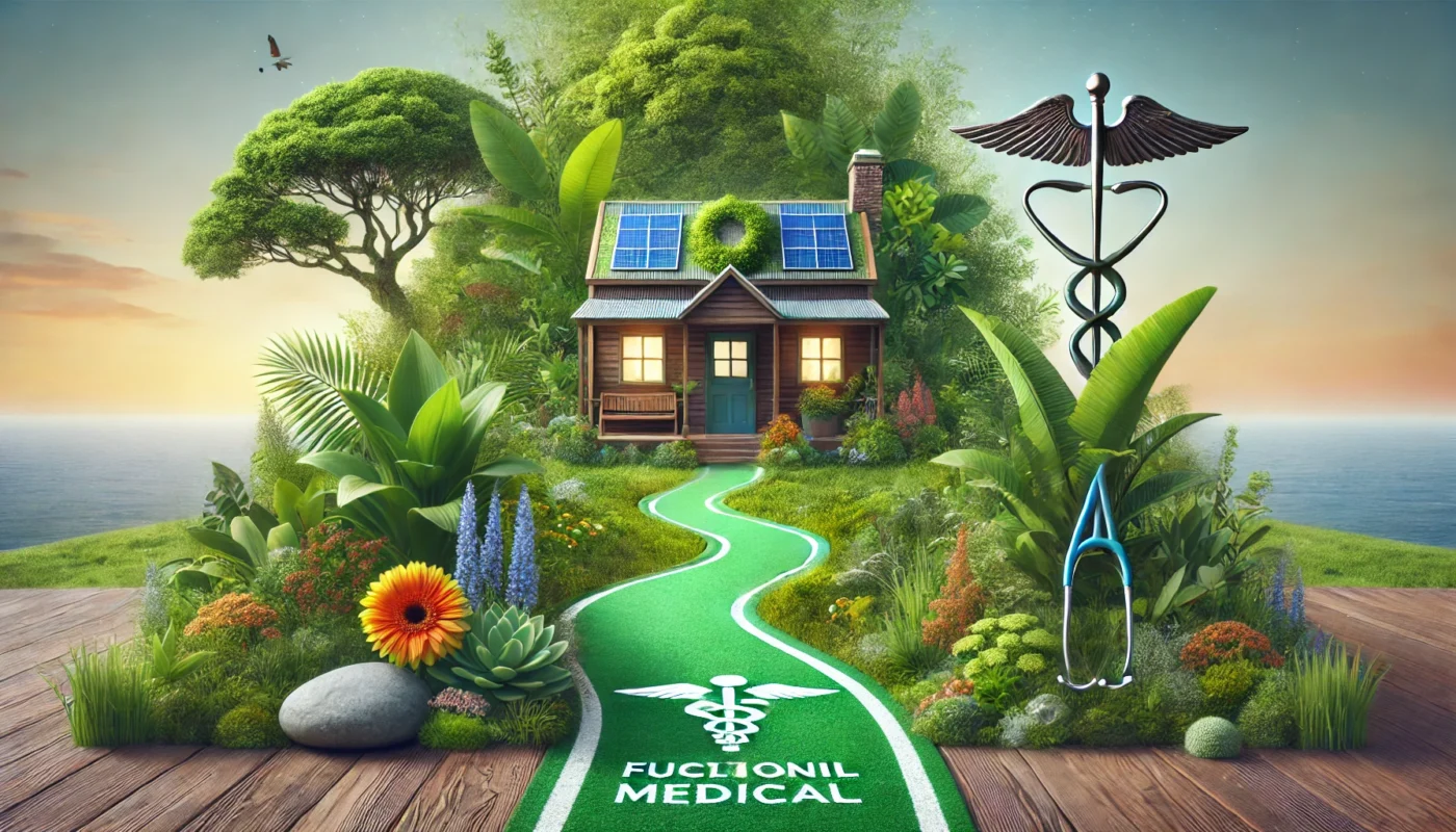 A scenic pathway leading to a holistic medical clinic, surrounded by vibrant greenery, symbolizing the journey to functional and natural health.