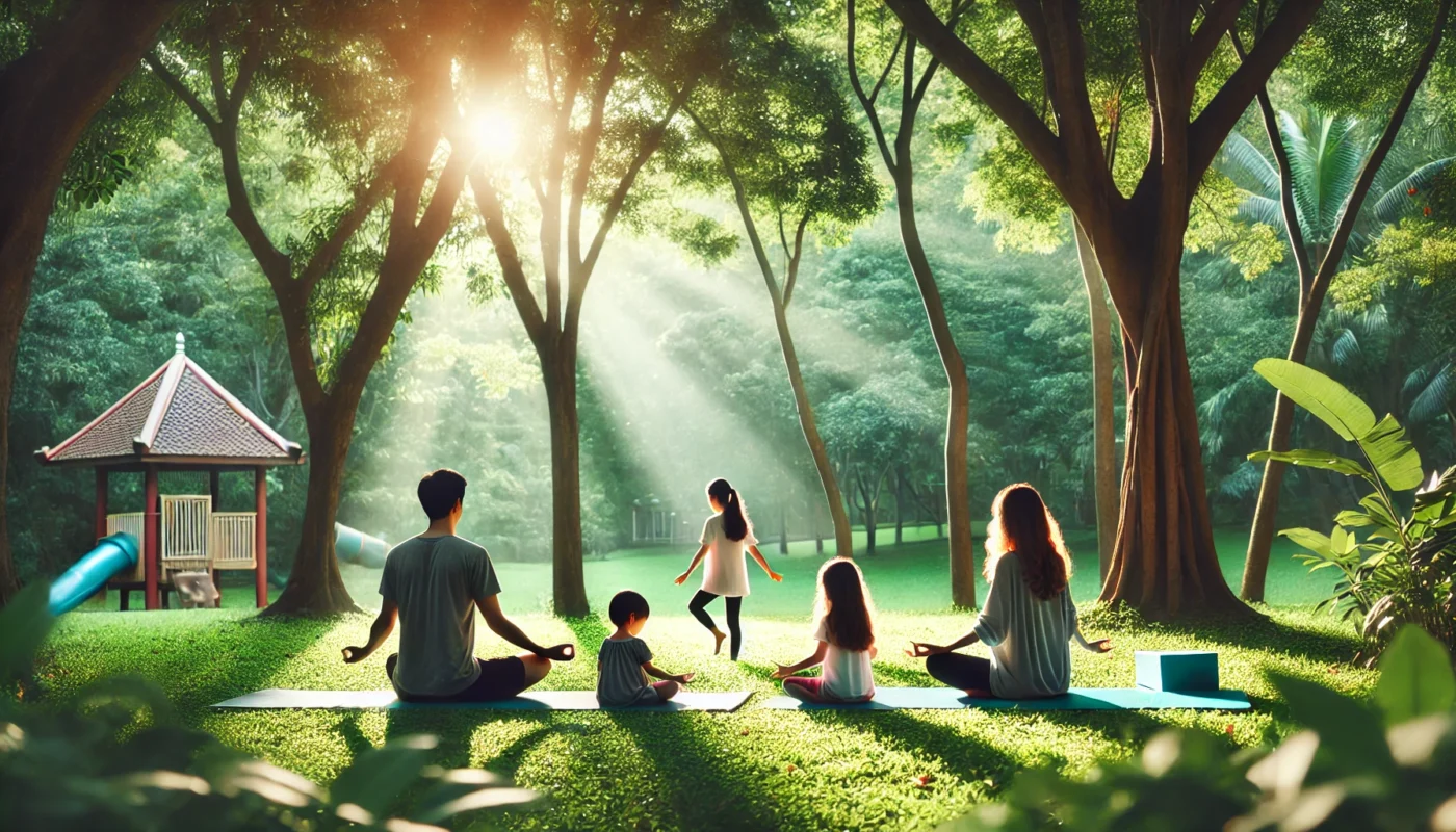 A peaceful family wellness retreat in nature, where parents and children practice mindfulness and yoga together in a lush green park with soft sunlight filtering through the trees, promoting relaxation and harmony.