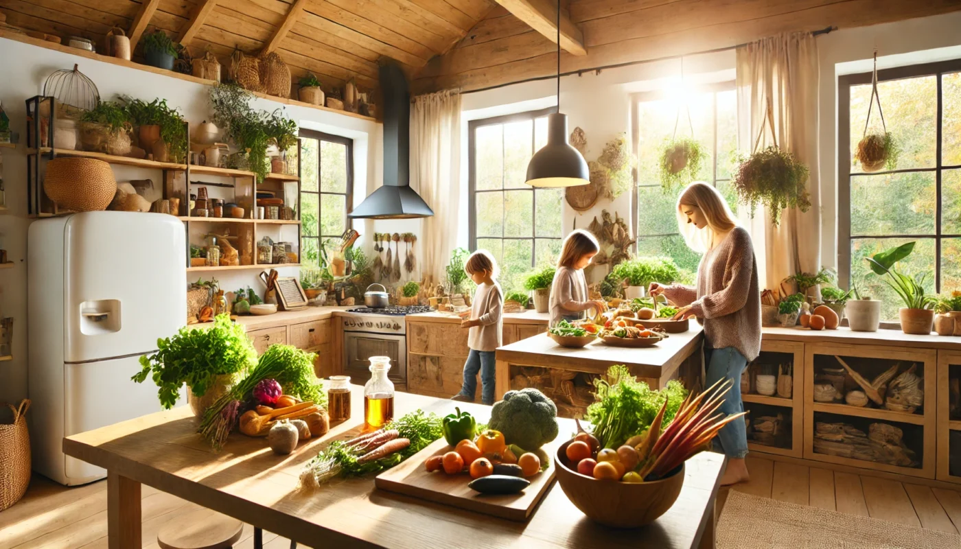  A cozy holistic family home with a wellness-focused ambiance. A family joyfully prepares a healthy meal in a bright, open kitchen filled with fresh vegetables, herbs, and natural wooden textures, emphasizing balanced nutrition and well-being.