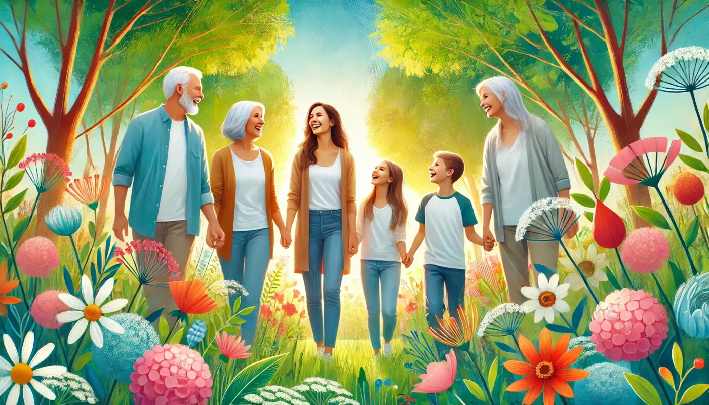 A joyful multigenerational family walking together in a vibrant outdoor setting with lush greenery and blooming flowers, engaging in conversation and radiating warmth, love, and connection, symbolizing holistic well-being and family care.