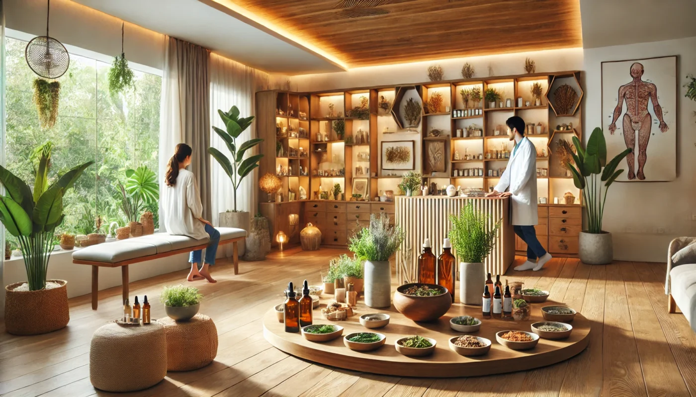 A peaceful holistic health center with a natural healing ambiance, featuring an herbal medicine section with fresh herbs and essential oils. Practitioners consult with patients, while others engage in acupuncture and chiropractic care in a warmly lit space with wooden elements and plants.