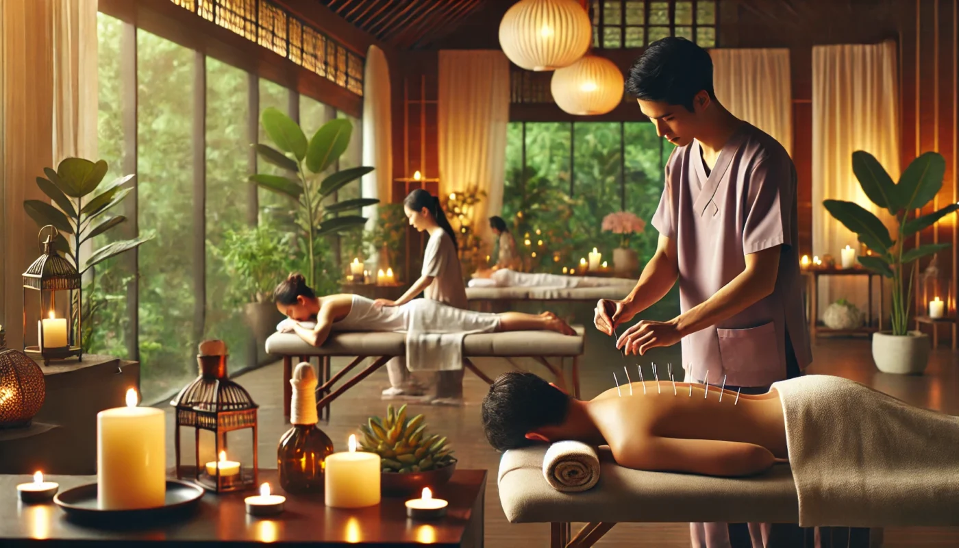 A tranquil spa and wellness center offering alternative therapies like acupuncture and massage therapy. A practitioner places acupuncture needles on a client’s back, while another receives a relaxing massage. The atmosphere is calming, with soft candlelight, aromatherapy diffusers, and indoor plants.