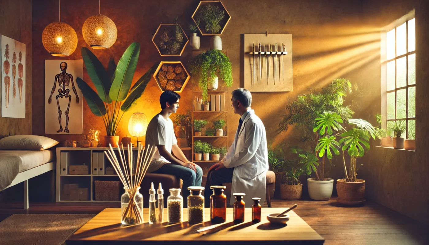 A serene clinic setting with an integrative medicine doctor consulting a patient. The warmly lit room features plants, herbal medicine bottles, and acupuncture tools, creating a holistic healing atmosphere.