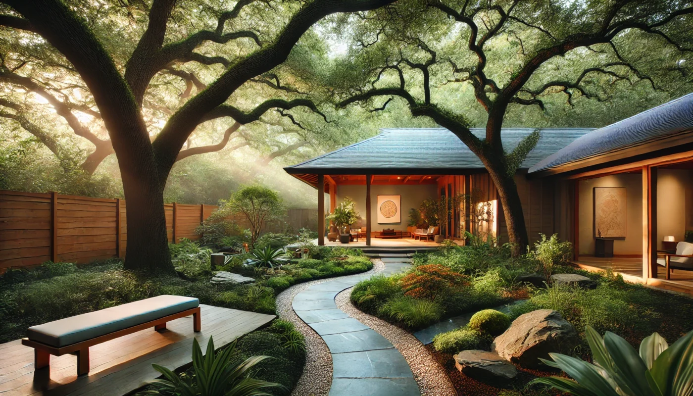 A serene wellness center in Houston, Texas, surrounded by lush greenery, featuring a Zen garden with a stone path leading to a meditation area under soft sunlight filtering through oak trees.