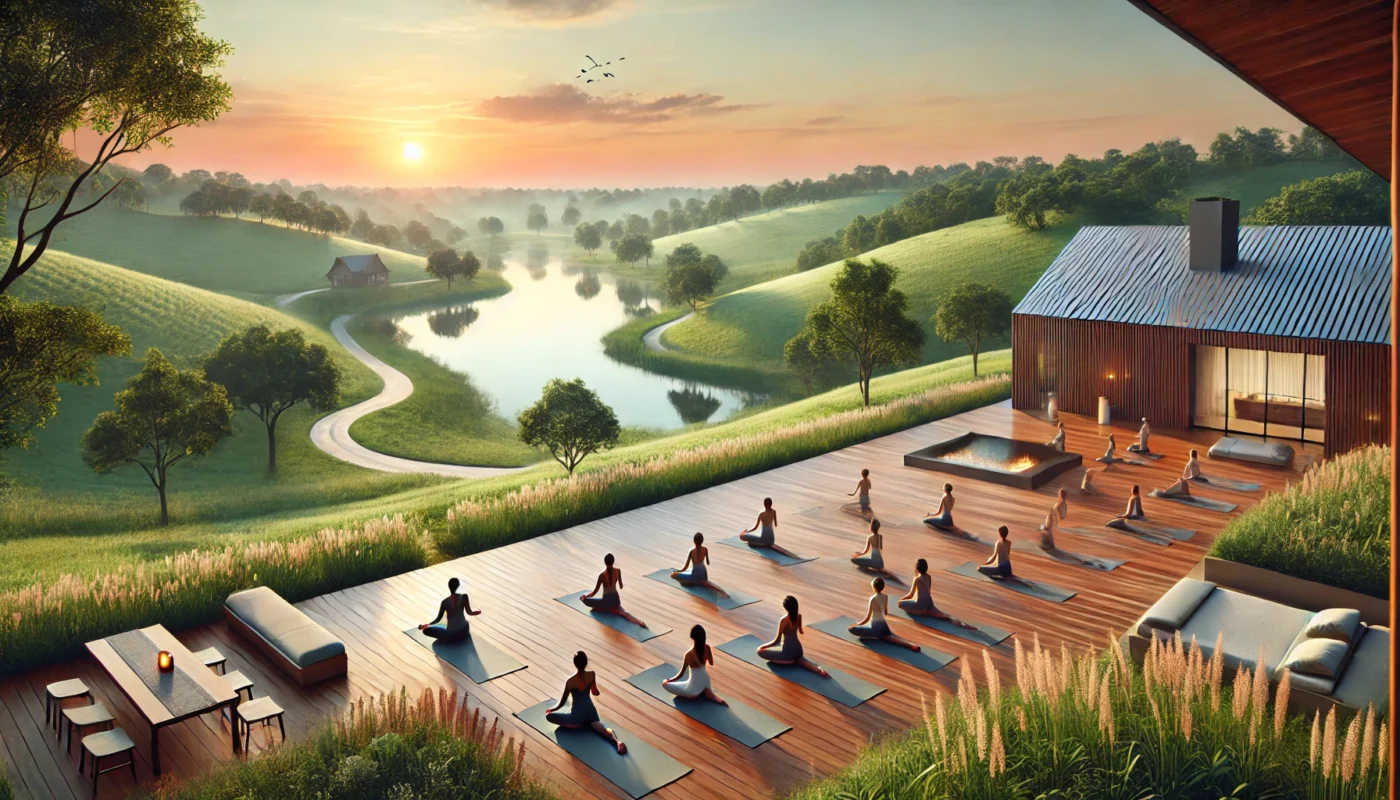 A peaceful yoga and meditation retreat in Houston, Texas, set in a scenic outdoor space with people practicing yoga at sunrise on a wooden deck, overlooking rolling green landscapes and a tranquil lake.