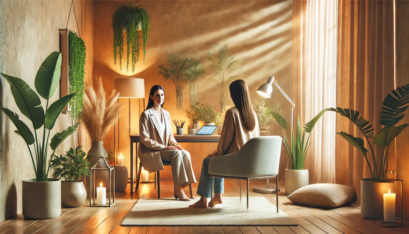 A serene wellness clinic with a warm, inviting atmosphere where a holistic health practitioner consults with a patient. The setting includes indoor plants, soft lighting, and a calming color palette, emphasizing integrative health expertise