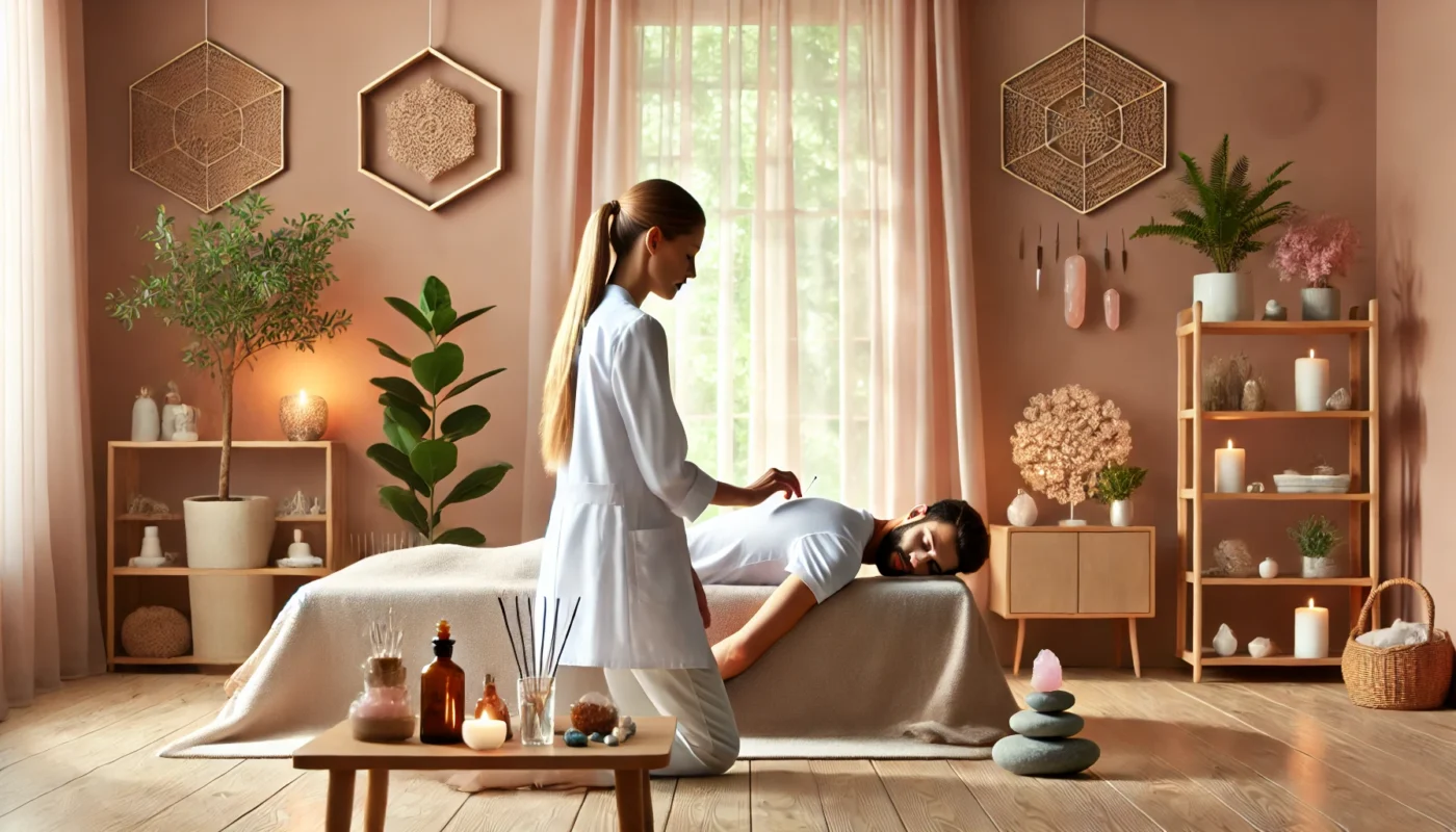 A peaceful therapy room where an integrative health practitioner performs acupuncture on a patient. The spa-like ambiance features essential oils, healing crystals, and soft lighting, creating a tranquil environment for holistic care.