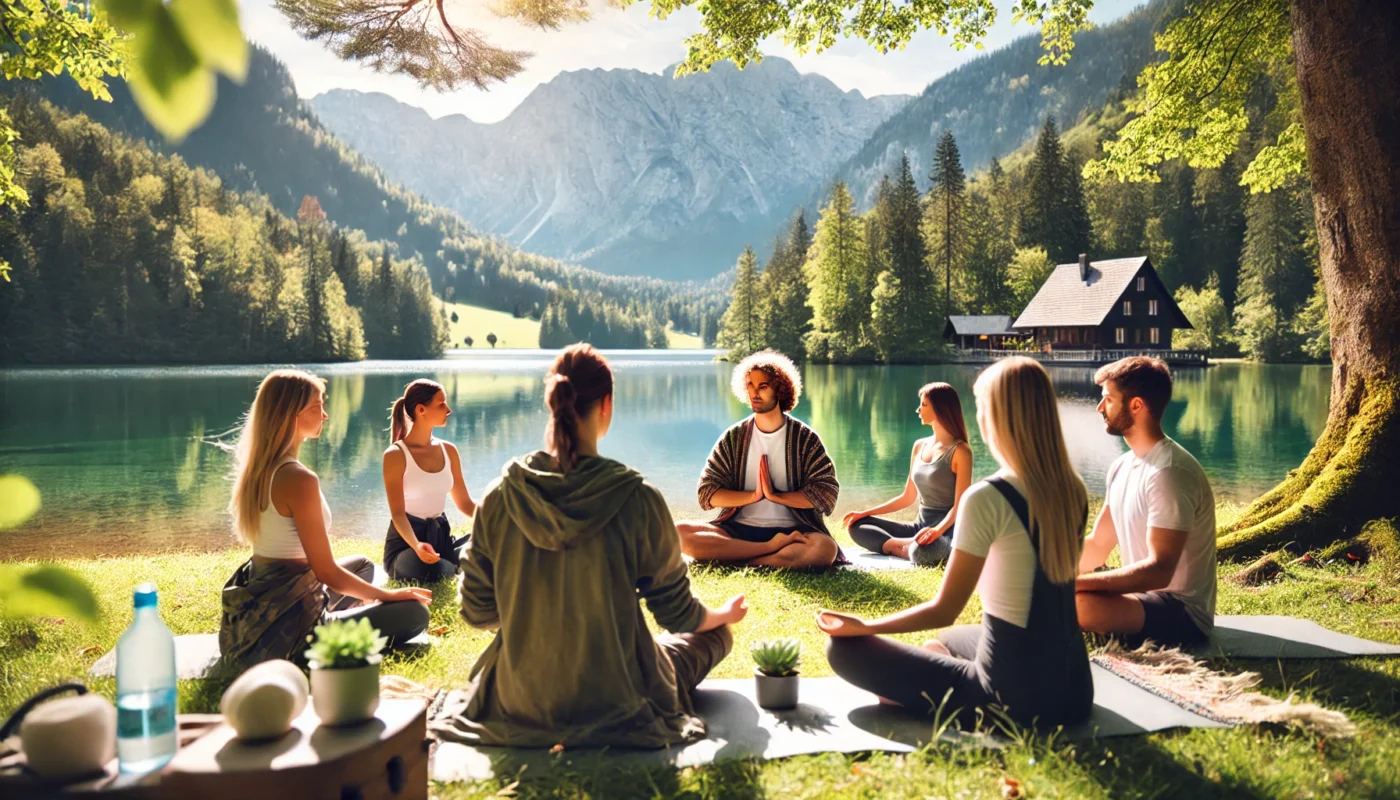 A scenic outdoor wellness retreat where an integrative health practitioner leads a group meditation session. The natural setting includes a serene lake or mountain backdrop, surrounded by lush greenery, reflecting a holistic approach to well-being.