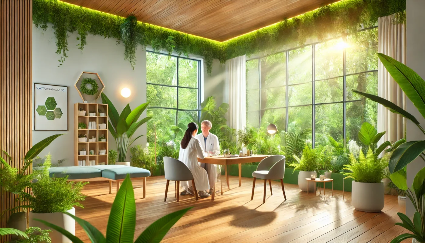 A serene wellness clinic surrounded by lush greenery, where a caring naturopathic doctor consults a patient in a bright, nature-inspired office filled with plants and natural light.