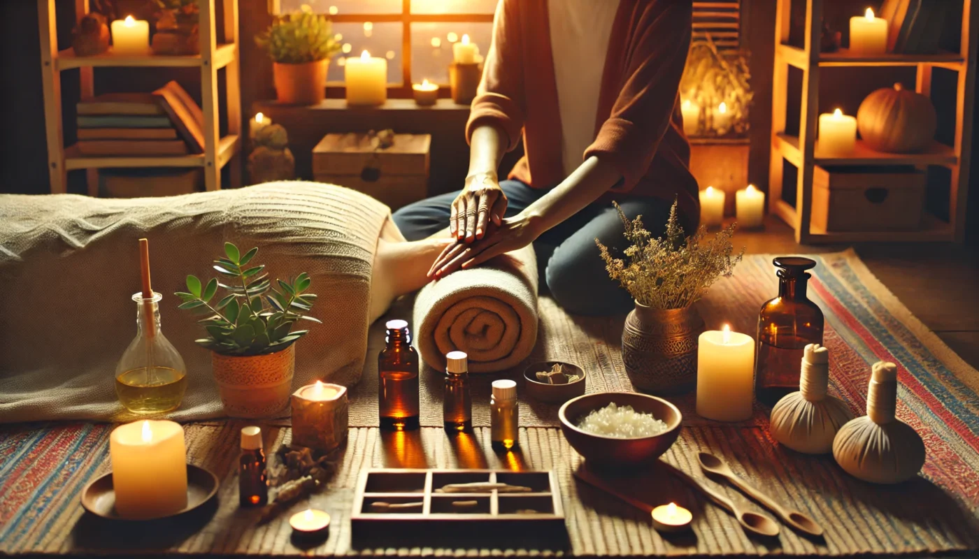 A cozy home therapy scene featuring a person receiving an aromatherapy massage with essential oils, surrounded by candles and soft ambient lighting, representing stress relief and inner balance.