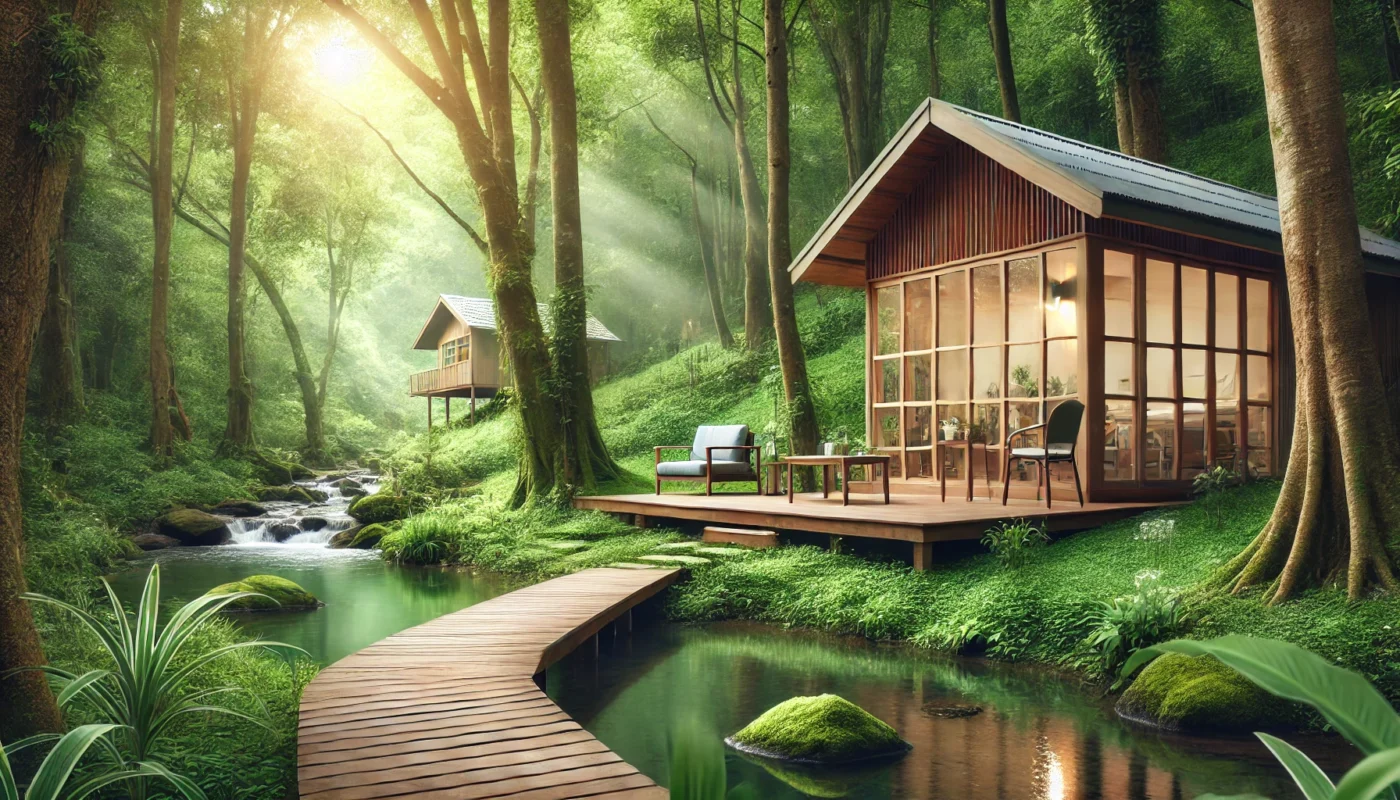 A peaceful natural clinic in a dense forest with a wooden pathway leading to an eco-friendly medical hut, surrounded by greenery and soft sunlight