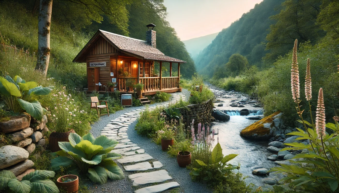 A rustic healing retreat in a mountain valley with a small wooden clinic, a stone pathway, and medicinal plants by a flowing river.