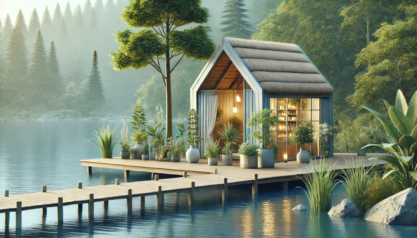  tranquil holistic clinic by a lakeside, featuring a wooden pier, a nature-inspired medical hut, and an herbal garden among trees.