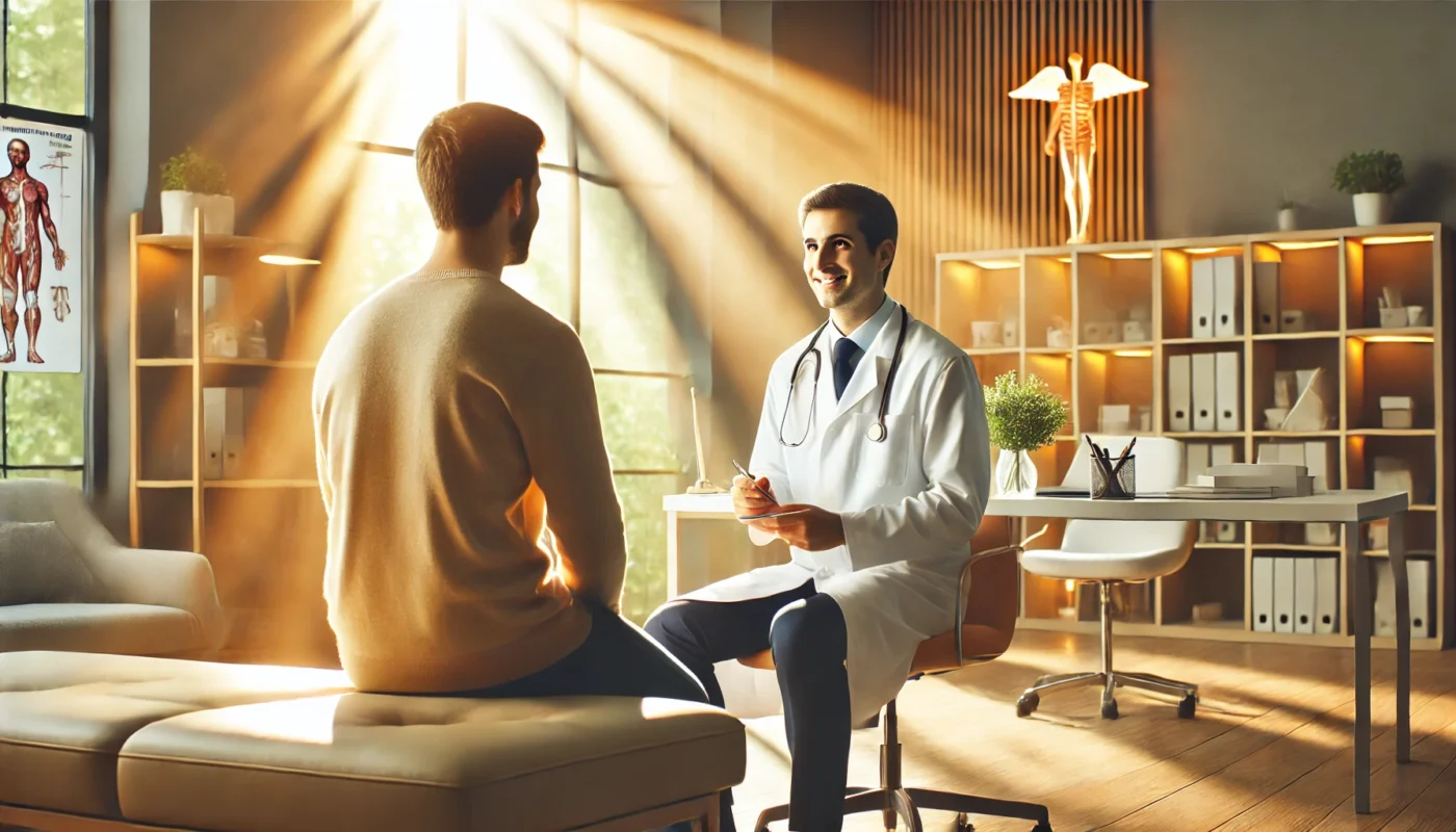 A professional doctor consulting a patient in a well-lit, modern medical clinic with a calming ambiance, representing high-quality healthcare and trust.