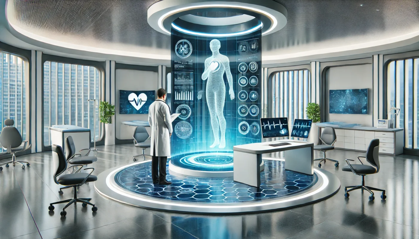 A high-tech medical consultation with an AI-assisted doctor in a futuristic clinic, showcasing innovation and precision in modern healthcare.