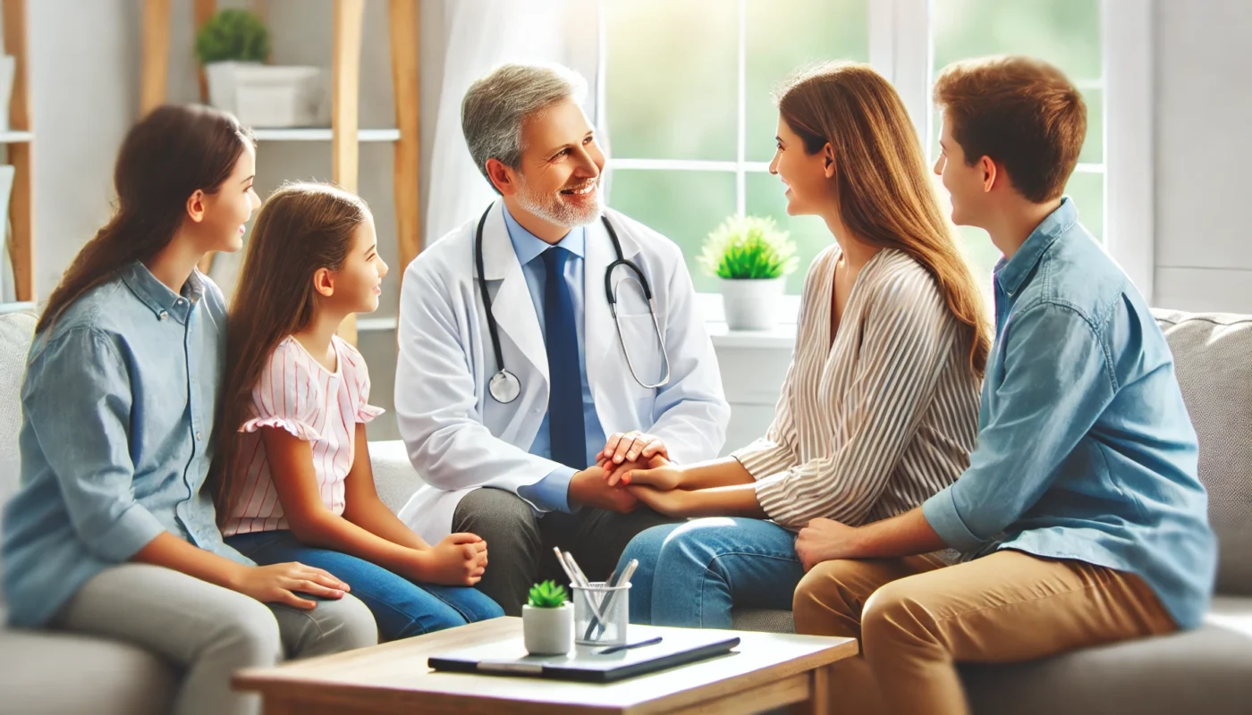 A family doctor interacting with patients of different age groups in a bright, welcoming clinic, representing trust, expertise, and comprehensive wellness care.