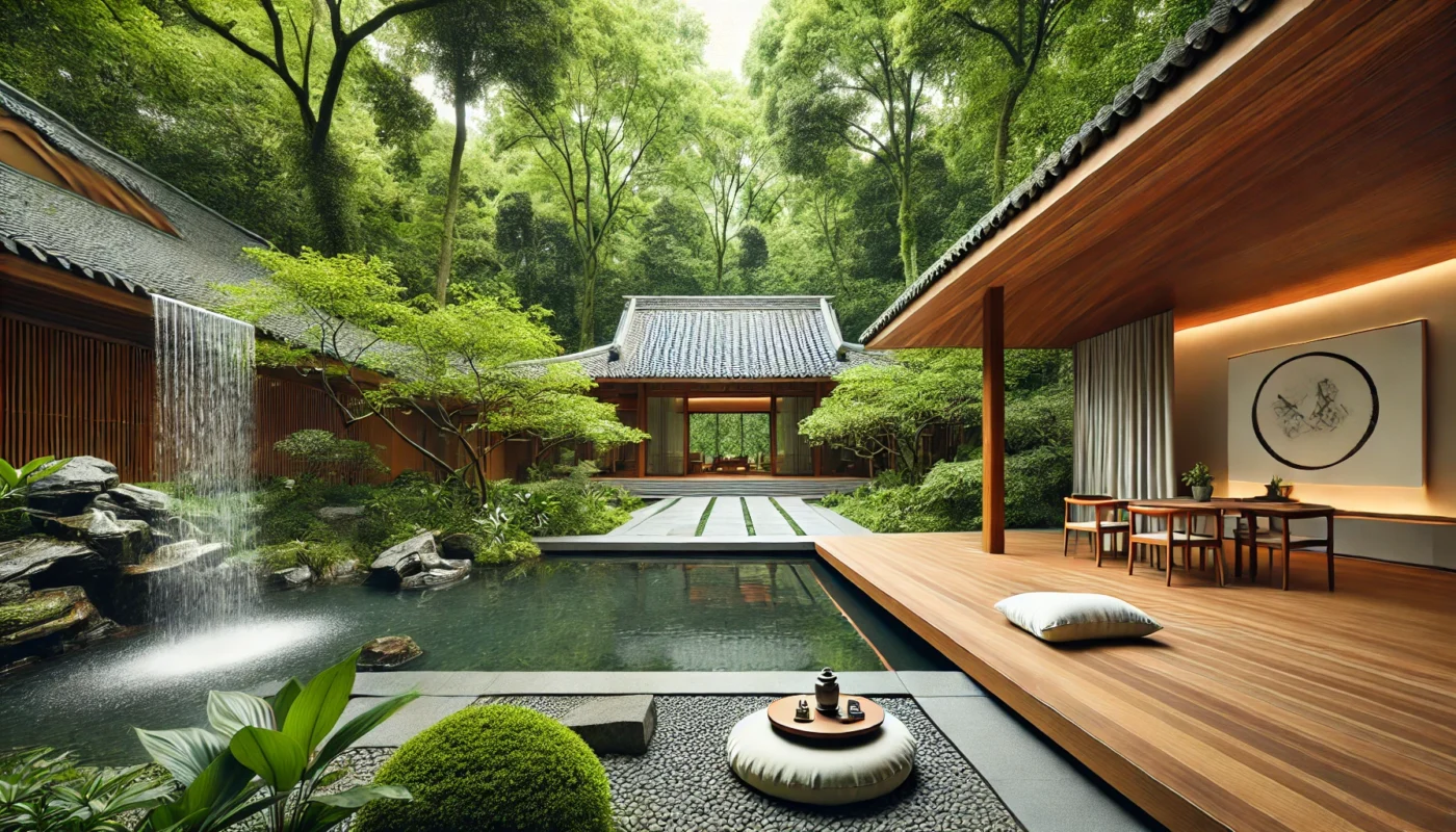 A tranquil healing center surrounded by lush greenery, featuring an outdoor meditation space with a water fountain. The natural wood and stone architecture create a calming and holistic ambiance.