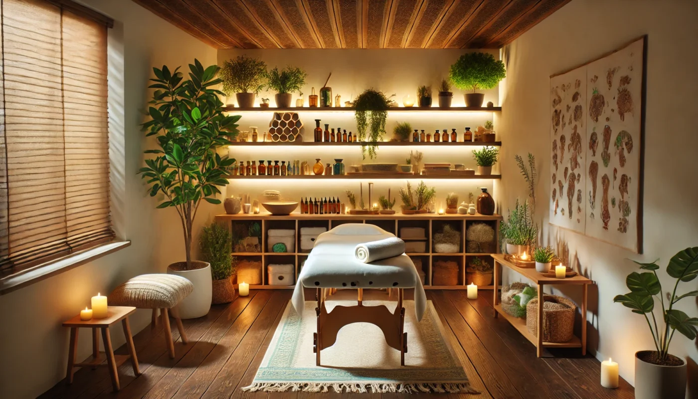 A cozy therapy space inside an alternative medicine center, featuring a massage table, herbal medicine shelves, and soft ambient lighting. The decor includes indoor plants, essential oils, and warm wooden elements for a relaxing atmosphere.