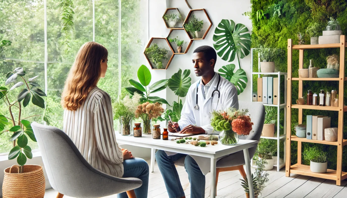 A serene medical consultation scene where a functional medicine physician attentively listens to a patient in a bright, nature-inspired clinic, surrounded by plants and herbal medicine alongside modern diagnostic tools.