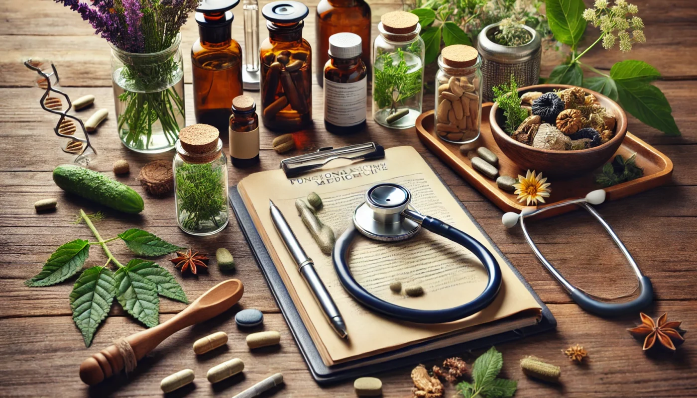 A detailed close-up of functional medicine tools and natural remedies on a wooden table, featuring a stethoscope, herbal medicine bottles, organic supplements, fresh herbs, and a wellness journal.