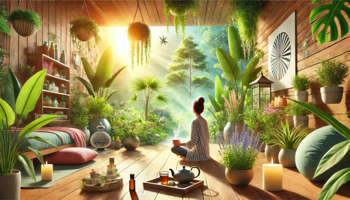 A peaceful wellness retreat scene illustrating the functional medicine philosophy, where a person enjoys therapeutic herbal tea in a sunlit room filled with green plants, essential oils, and a meditation space.