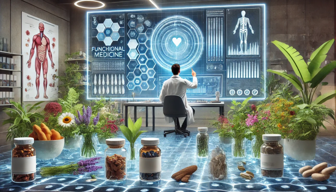 A futuristic functional medicine laboratory where modern technology meets natural healing, showing a doctor analyzing patient data on a high-tech screen while surrounded by medicinal plants, organic supplements, and cutting-edge medical devices.
