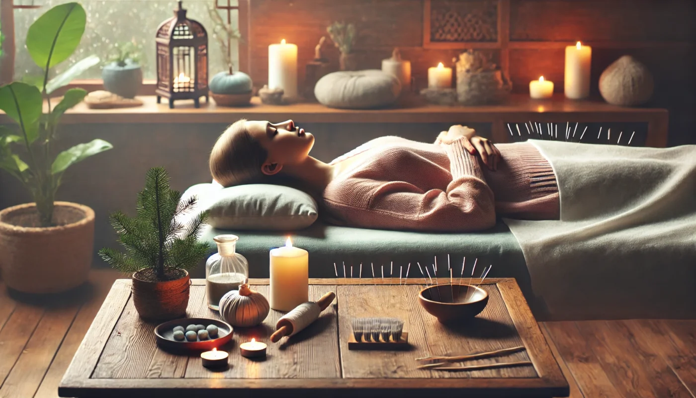 A serene acupuncture session in a calming spa, where a patient lies down with fine needles placed at key energy points. The softly lit environment, adorned with candles and natural wood textures, conveys relaxation and traditional healing