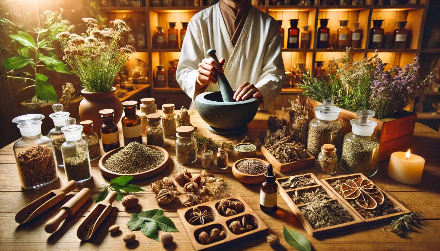 A traditional herbal medicine apothecary with a practitioner carefully preparing a herbal remedy. The setting includes an array of dried herbs, glass jars, and a mortar and pestle, reflecting the power of plant-based healing and natural wellness.