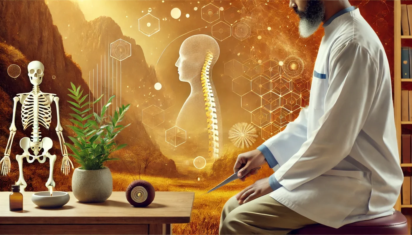 A holistic chiropractic care session in a warm wellness clinic, where a practitioner performs spinal adjustments to promote balance and pain relief. The cozy, inviting atmosphere highlights the benefits of natural musculoskeletal healing