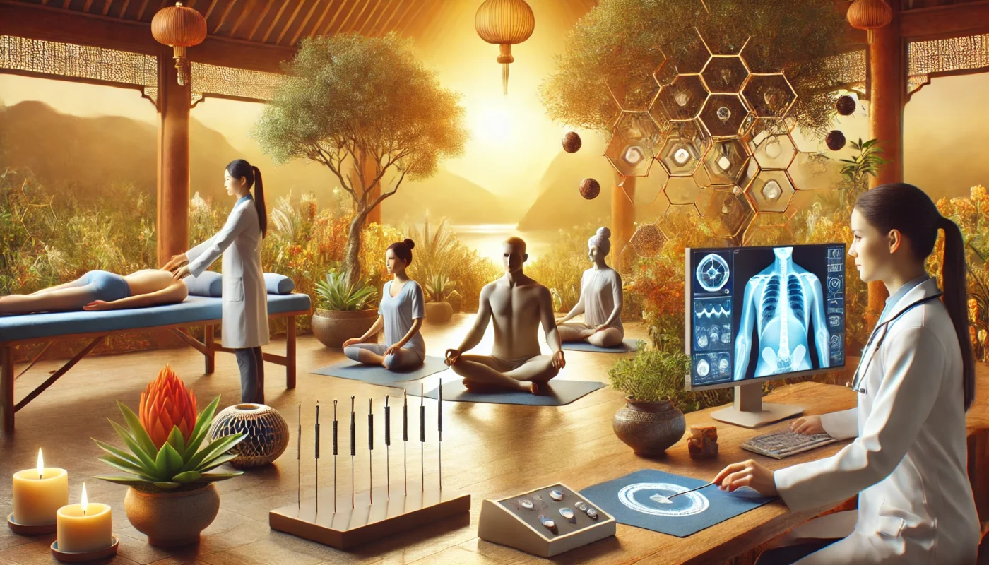 A serene holistic healing center blending traditional and modern medicine. The scene includes an acupuncture session, a meditation group, and a doctor using modern diagnostic tools, all set in a peaceful, nature-filled environment.